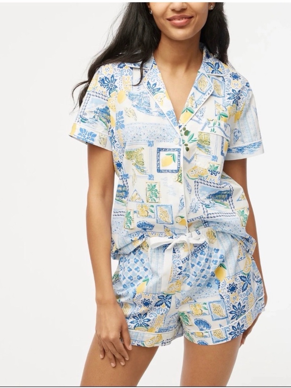 NWT - J. Crew Blue, Yellow & White Short Pajama Set with Lemon Tile Print
